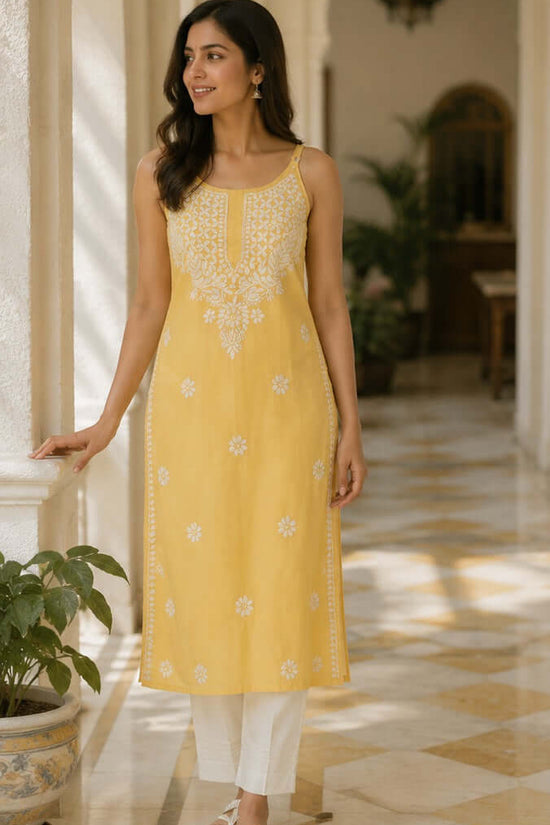 Modal Chikankari  Work Strapped Unstitched Kurta – Yellow