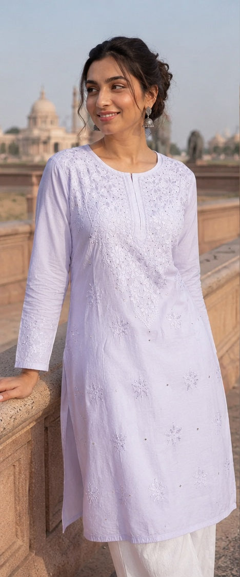 Stitched Semi-Chanderi Chikankari Women's Kurta with Mukesh Work - Purple