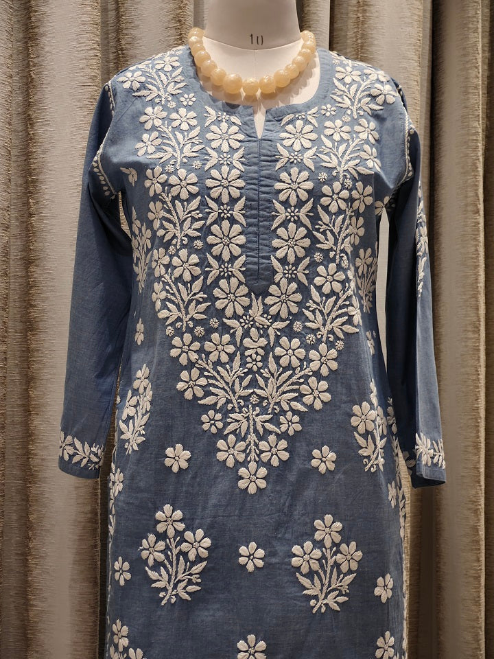 Denim 3D Chikankari Stitched Blue Kurta