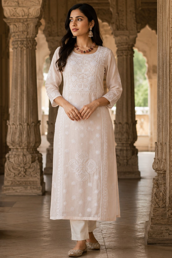 Chanderi Chikankari & Zardozi Pearl Work Unstitched Kurta Dupatta – Peach