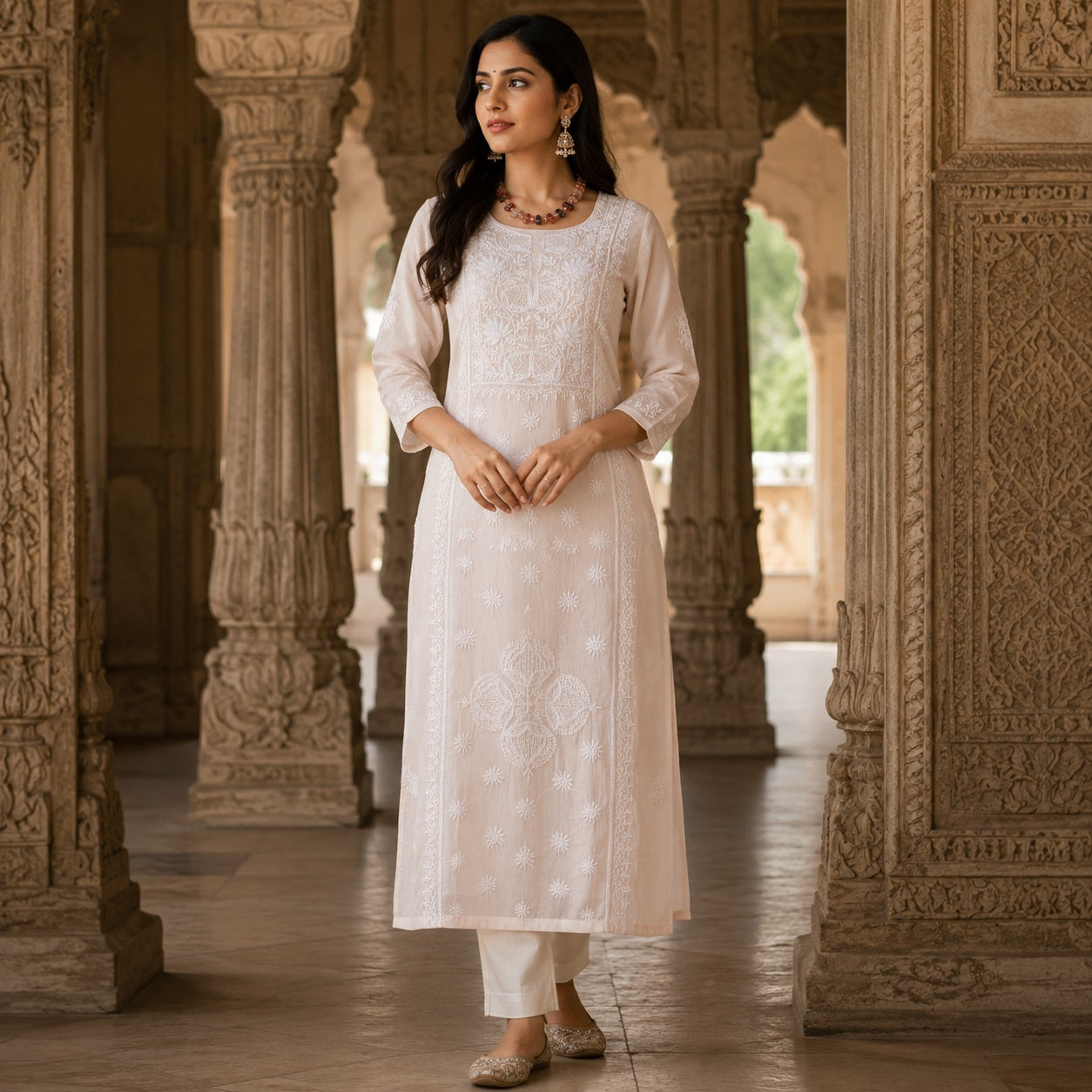 Chanderi Chikankari & Zardozi Pearl Work Unstitched Kurta Dupatta – Peach