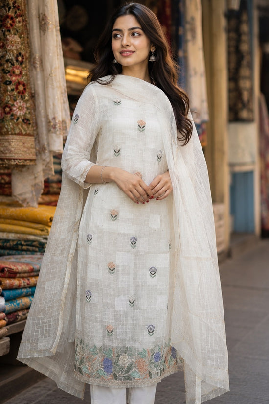 Pure Tissue Chikankari Shadow & Zardozi Pearl Work Unstitched Kurta Dupatta – Off White