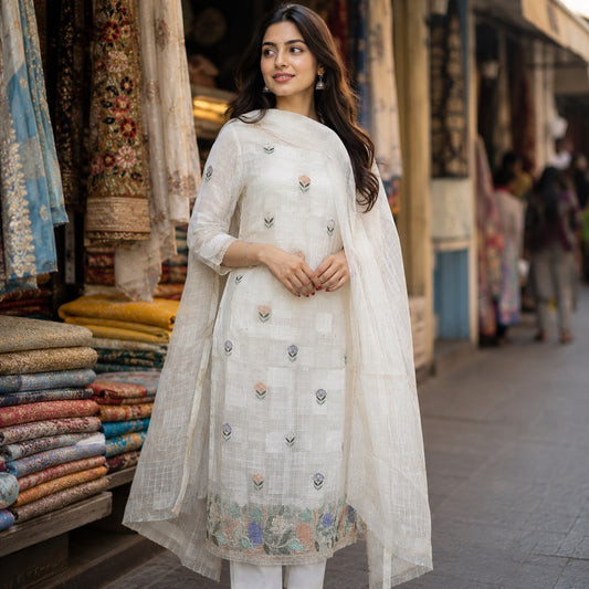 Pure Tissue Chikankari Shadow & Zardozi Pearl Work Unstitched Kurta Dupatta – Off White