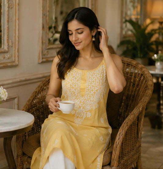 Modal Chikankari  Work Strapped Unstitched Kurta – Yellow