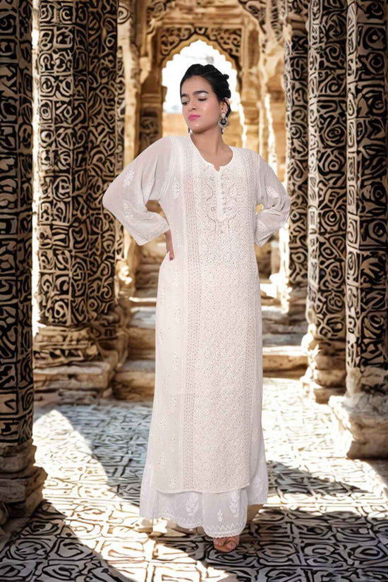 Viscose Chikankari And Zardozi Women's Stitched Kurta - White
