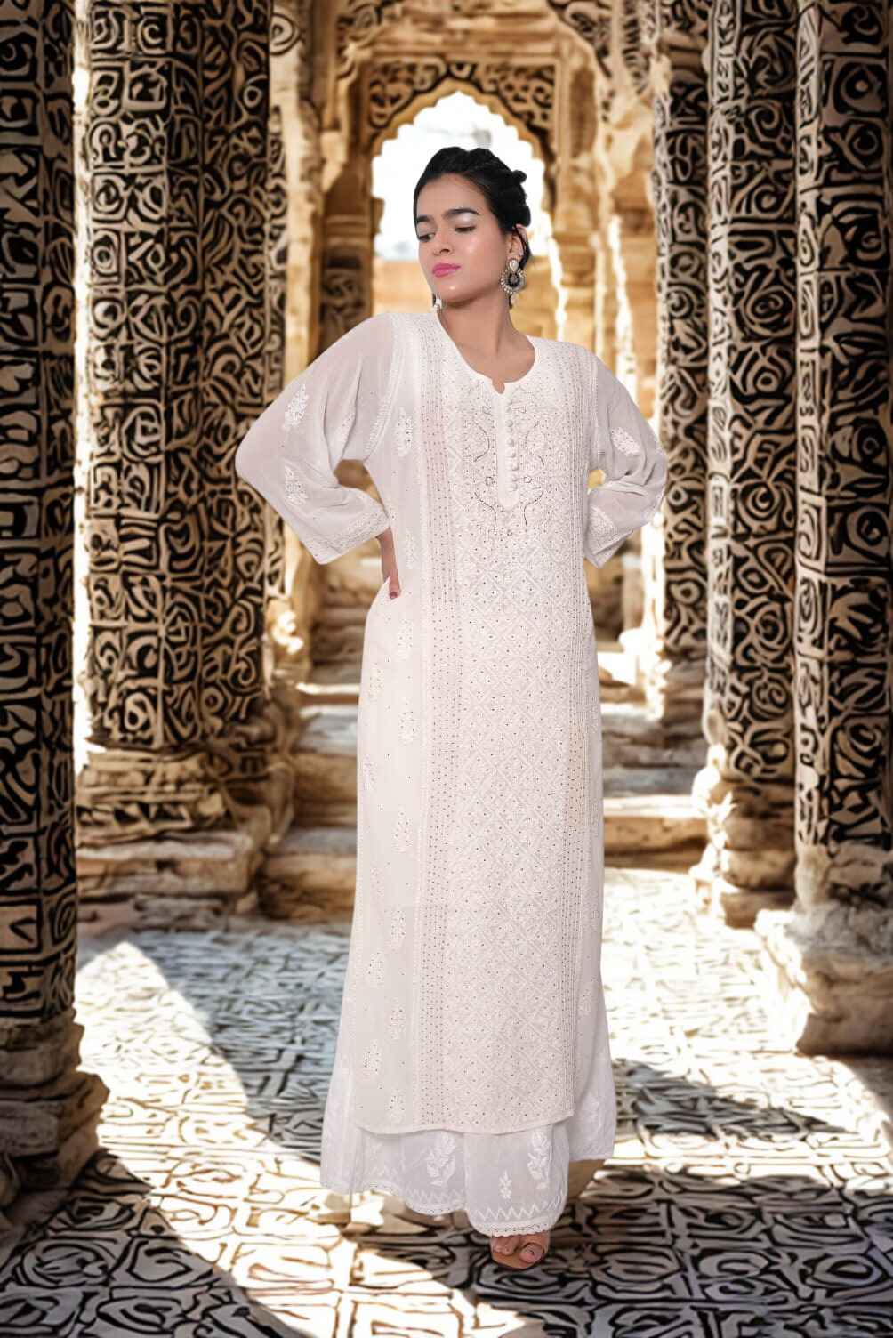 Viscose Chikankari And Zardozi Women's Stitched Kurta - White