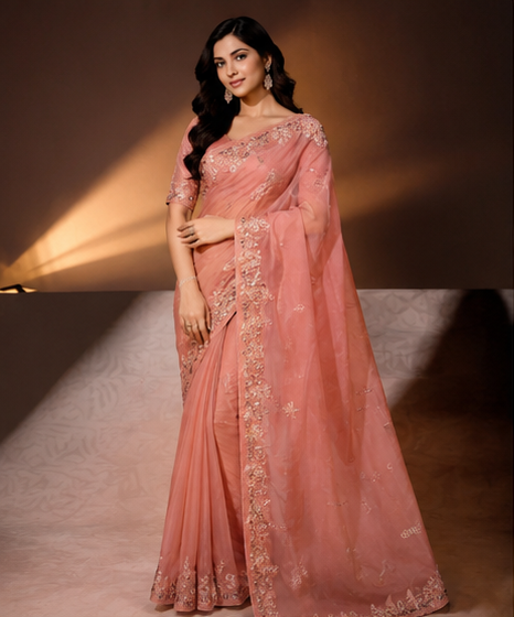Semi Organza Zardozi Saree - Dark Onion