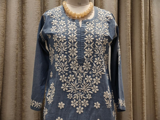 Denim 3D Chikankari Stitched Blue Kurta