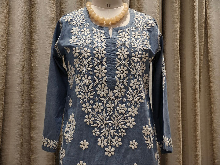 Denim 3D Chikankari Stitched Blue Kurta