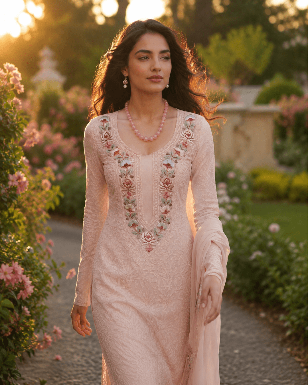 जॉर्जेट चिकनकारी और प्रासी वर्क महिलाओं के लिए अनस्टिच्ड कुर्ता-दुपट्टा - हल्का पीच