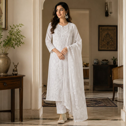 Cotton Chikankari Women Stitched Kurta Dupatta - Off White