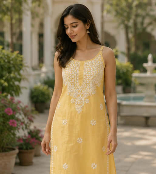 Modal Chikankari  Work Strapped Unstitched Kurta – Yellow