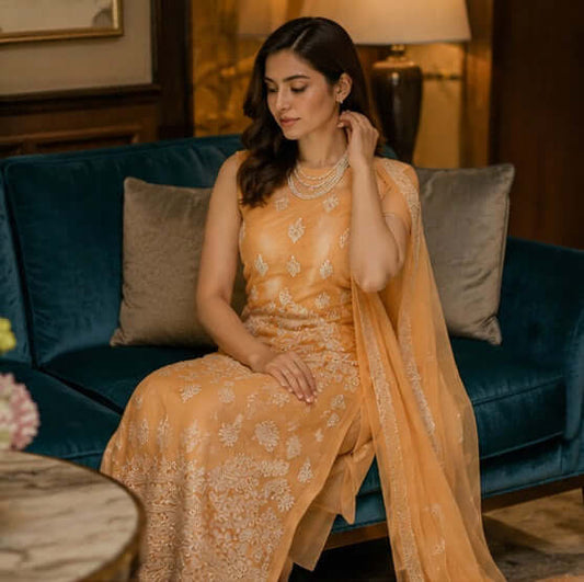 Semi Georgette Chikankari Women's Unstitched Kurta Dupatta - Orange
