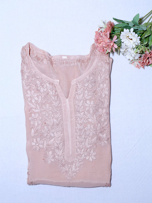 Muslin 3D Chikankari Women Stitched Kurta - Light Fawn