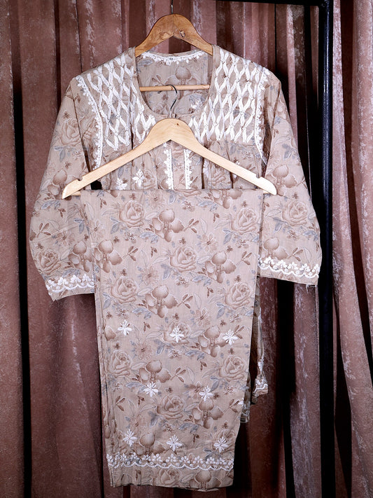 Cotton 3D Chikankari Women Co-ord Set - Brown