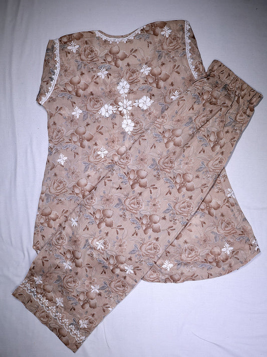 Cotton 3D Chikankari Women Co-ord Set - Brown