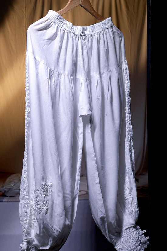 Pure Cotton Afghani Chikankari Bottom with Cotton Lace Detailing - White