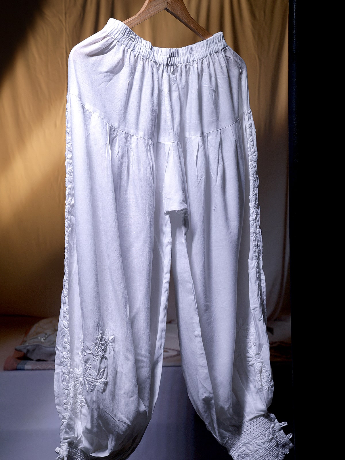 Pure Cotton Afghani Chikankari Bottom with Cotton Lace Detailing - White