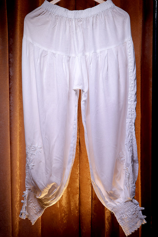 Pure Cotton Afghani Chikankari Bottom with Cotton Lace Detailing - White