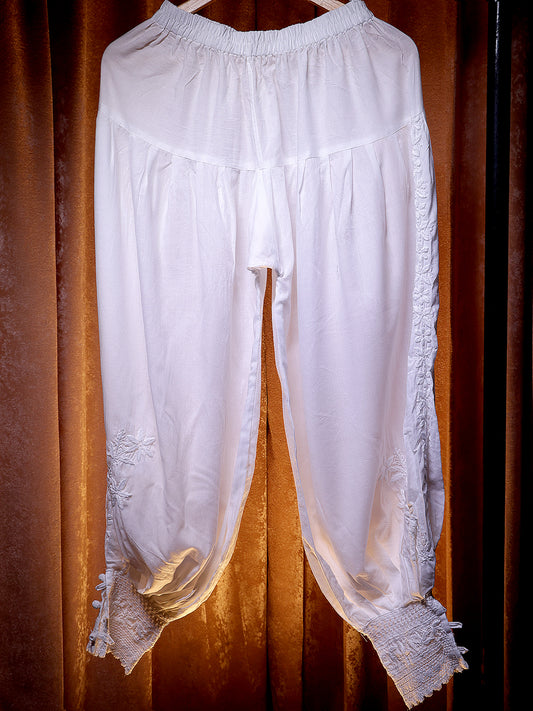 Pure Cotton Afghani Chikankari Bottom with Cotton Lace Detailing - White