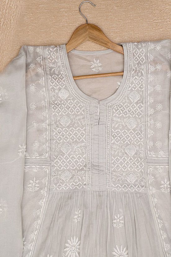Tissue Chikankari Women Semi Stitched Kurta Dupatta - Silver