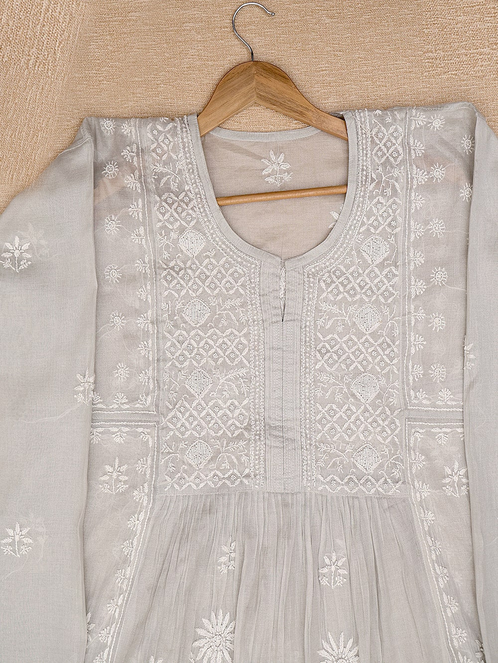 Tissue Chikankari Women Semi Stitched Kurta Dupatta - Silver