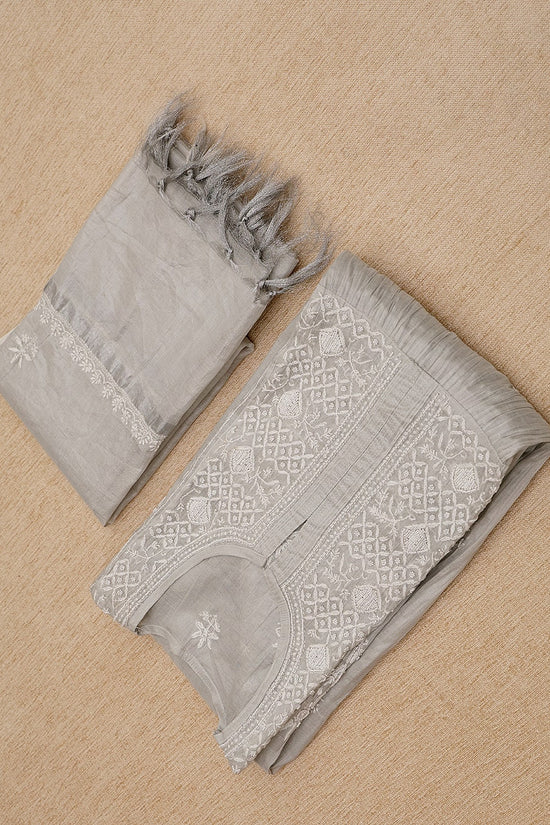 Tissue Chikankari Women Semi Stitched Kurta Dupatta - Silver
