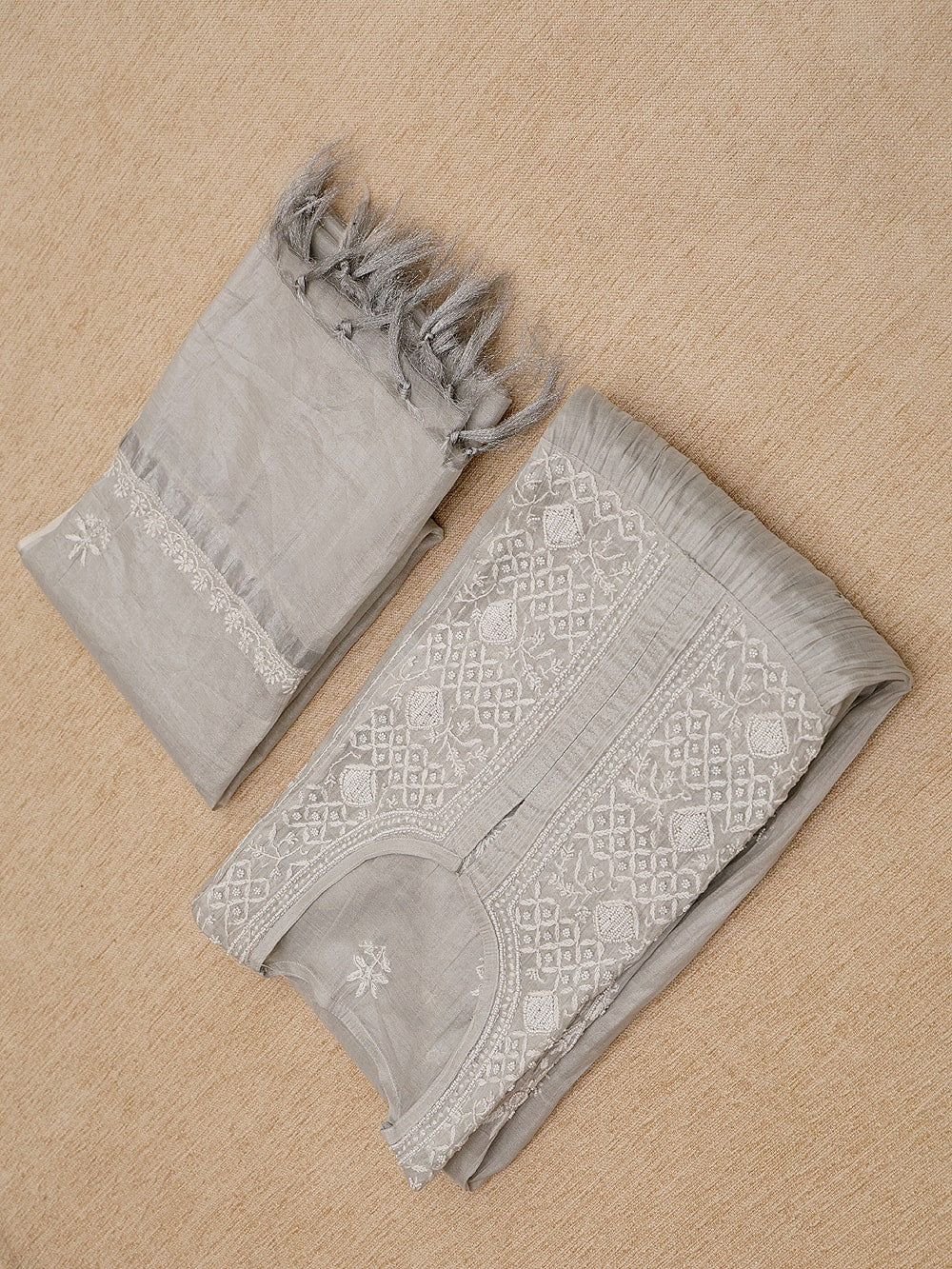 Tissue Chikankari Women Semi Stitched Kurta Dupatta - Silver