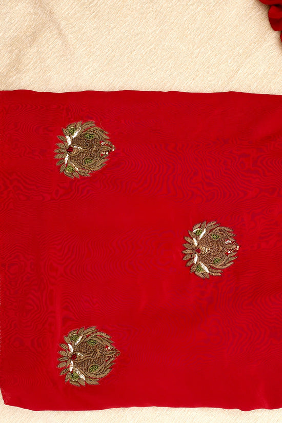 Pure Crepe Heavy Zardozi Embroidered Maroon Blouse with Green Cuff Accents – Maroonish Red