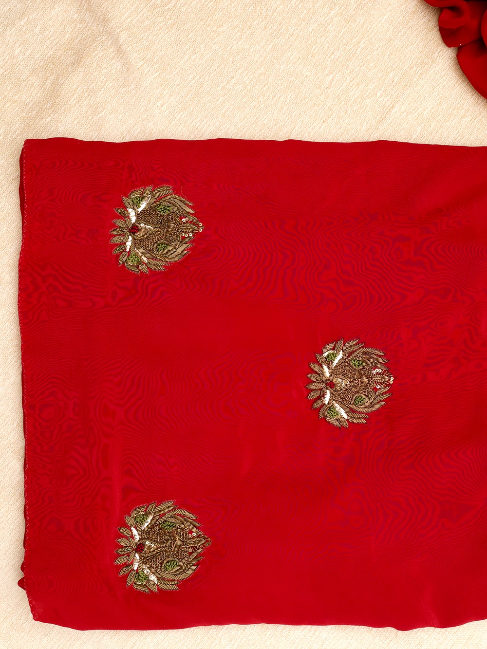 Pure Crepe Heavy Zardozi Embroidered Maroon Blouse with Green Cuff Accents – Maroonish Red