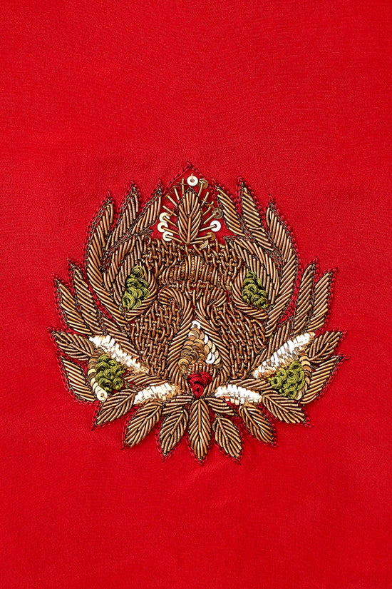 Pure Crepe Heavy Zardozi Embroidered Maroon Blouse with Green Cuff Accents – Maroonish Red