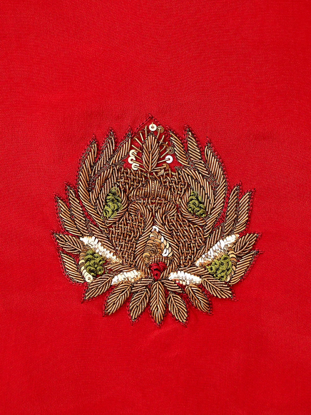 Pure Crepe Heavy Zardozi Embroidered Maroon Blouse with Green Cuff Accents – Maroonish Red