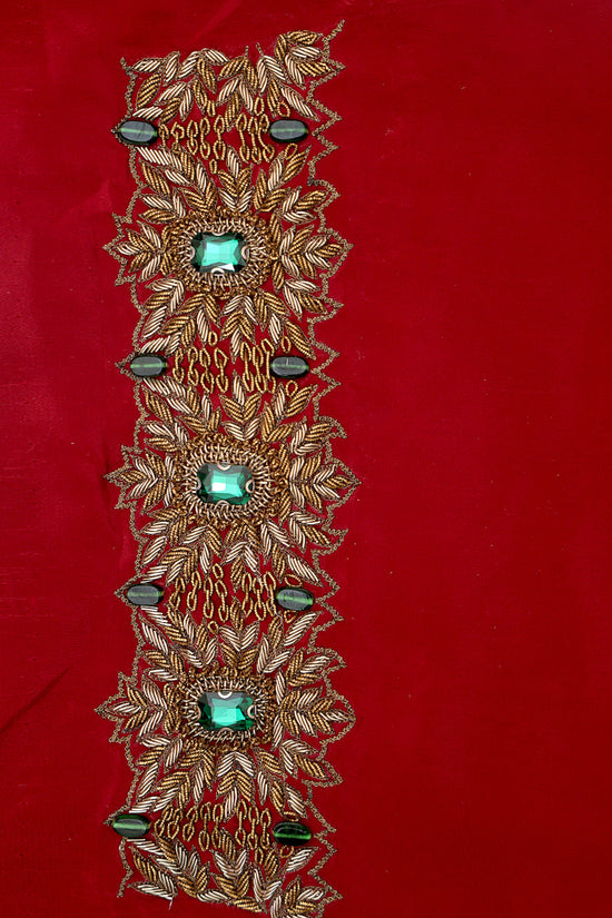 Pure Crepe Heavy Zardozi Embroidered Maroon Blouse with Green Cuff Accents – Maroonish Red