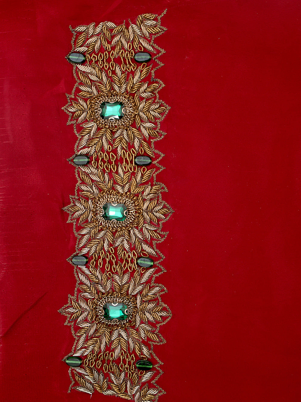 Pure Crepe Heavy Zardozi Embroidered Maroon Blouse with Green Cuff Accents – Maroonish Red