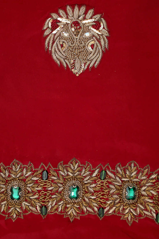 Pure Crepe Heavy Zardozi Embroidered Maroon Blouse with Green Cuff Accents – Maroonish Red