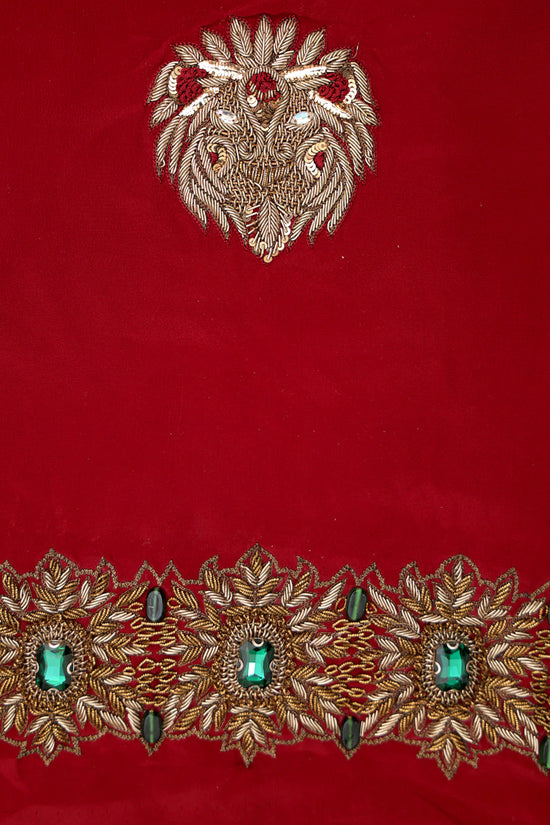 Pure Crepe Heavy Zardozi Embroidered Maroon Blouse with Green Cuff Accents – Maroonish Red