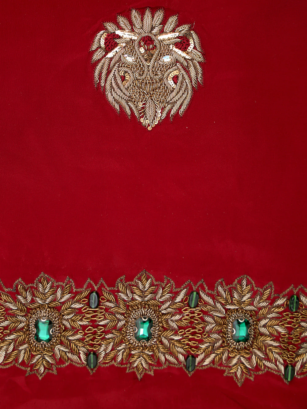 Pure Crepe Heavy Zardozi Embroidered Maroon Blouse with Green Cuff Accents – Maroonish Red