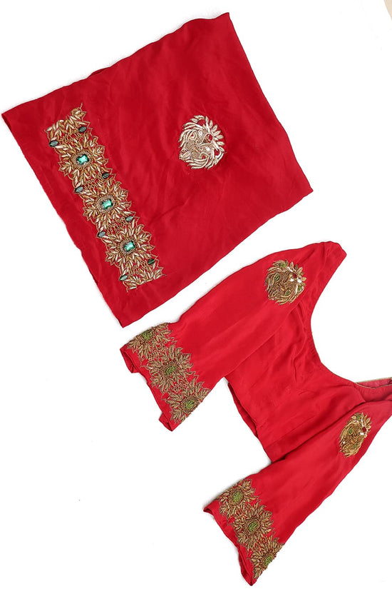 Pure Crepe Heavy Zardozi Embroidered Maroon Blouse with Green Cuff Accents – Maroonish Red