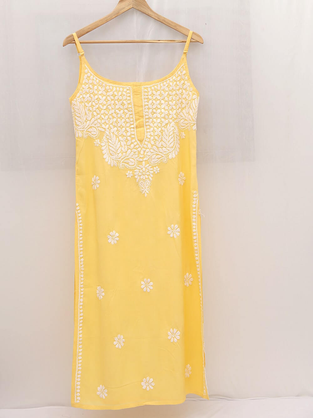Modal Chikankari  Work Strapped Unstitched Kurta – Yellow