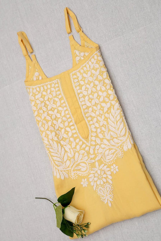 Modal Chikankari  Work Strapped Unstitched Kurta – Yellow