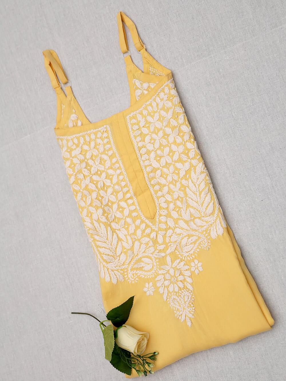 Modal Chikankari  Work Strapped Unstitched Kurta – Yellow