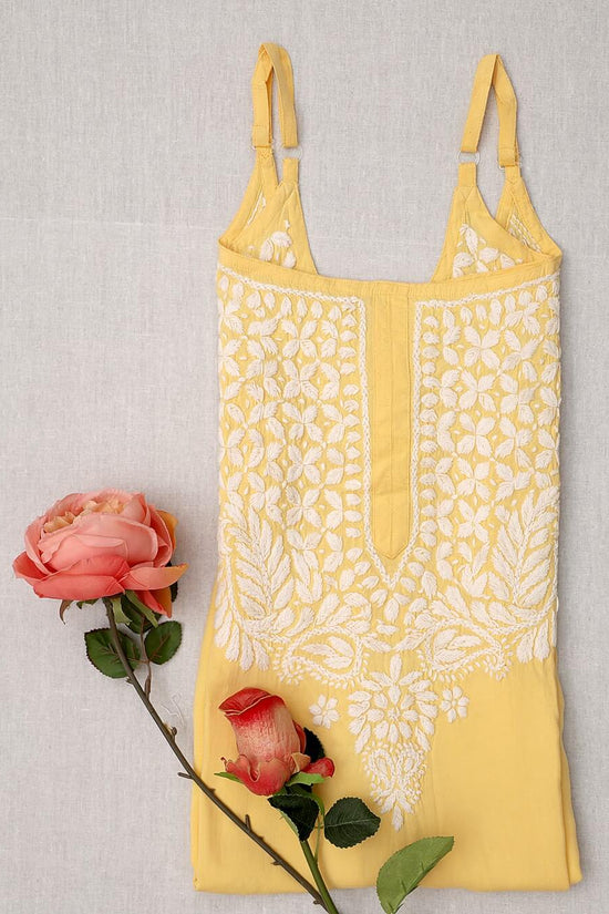 Modal Chikankari  Work Strapped Unstitched Kurta – Yellow