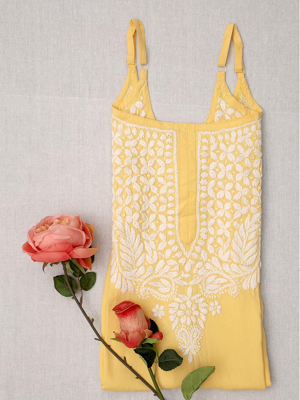 Modal Chikankari  Work Strapped Unstitched Kurta – Yellow