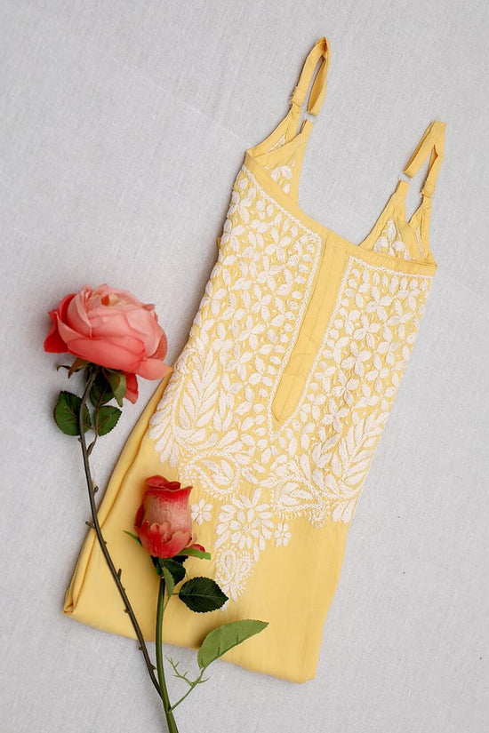 Modal Chikankari  Work Strapped Unstitched Kurta – Yellow