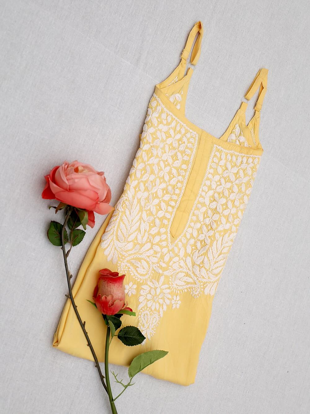 Modal Chikankari  Work Strapped Unstitched Kurta – Yellow