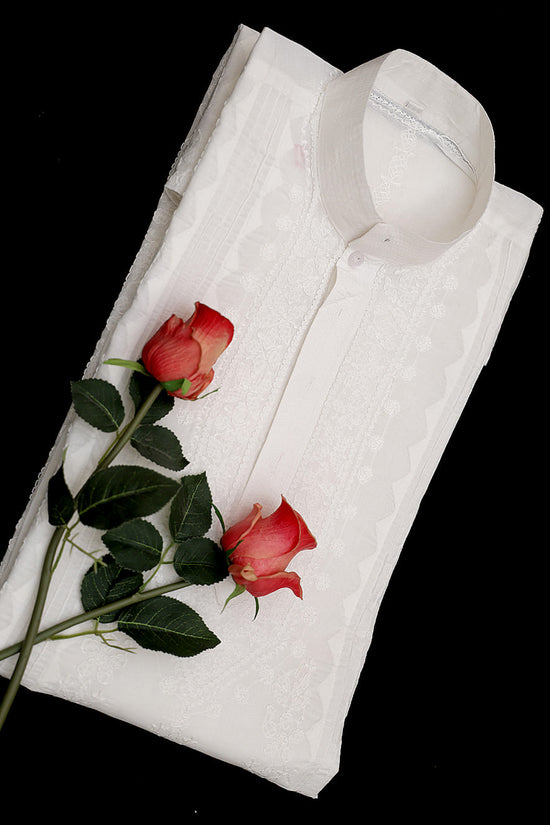 Cotton Chikankari Applique Work Men Stitched Kurta - Off White