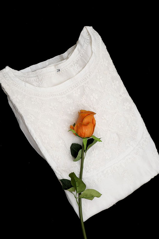 Muslin Chikankari Women Stitched Short Kurti - Off White