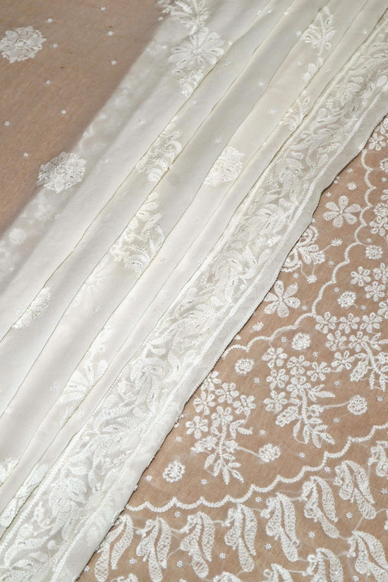 Viscose Chikankari & Zardozi Chadi Work Saree with Embroidered Blouse – Off White