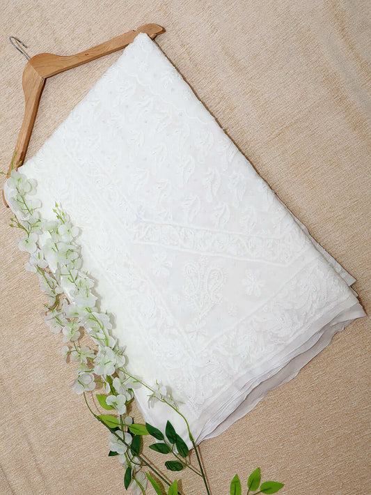 Viscose Chikankari & Zardozi Chadi Work Saree with Embroidered Blouse – Off White