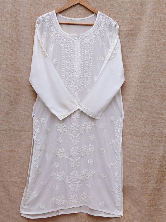 Muslin Chikankari Women's Stitched Kurta with Bottoms - White